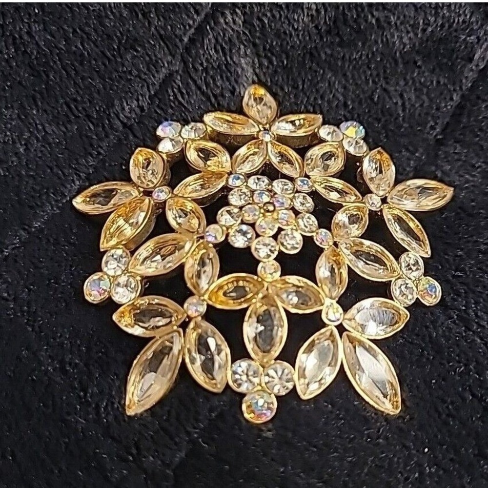 Rhinestones & Tan Aurora Borealis Gold-Tone Brooch‎ Pin 2.5" Vintage - Picture 2 of 7